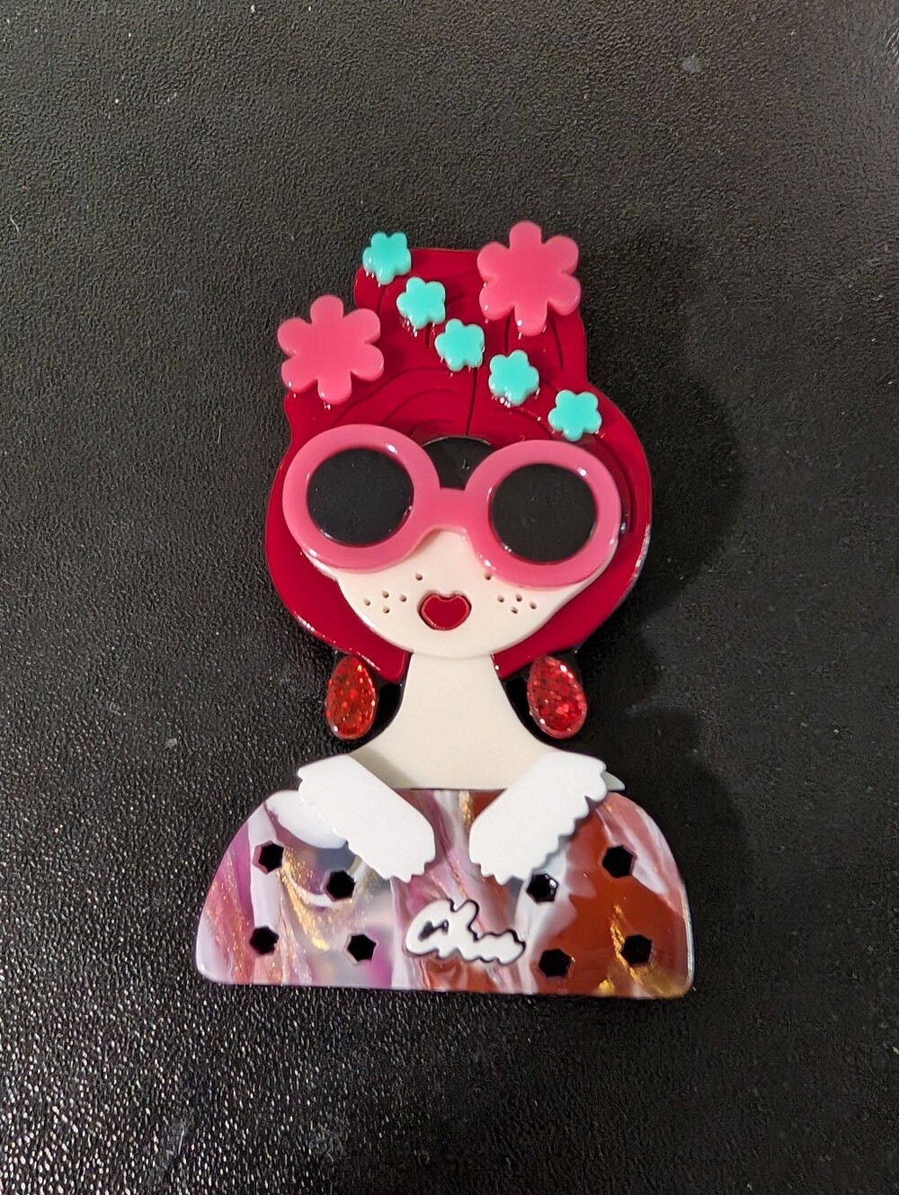 Colorful Retro Lady Acrylic Brooch Pink Sunglasses Floral Hair Pin